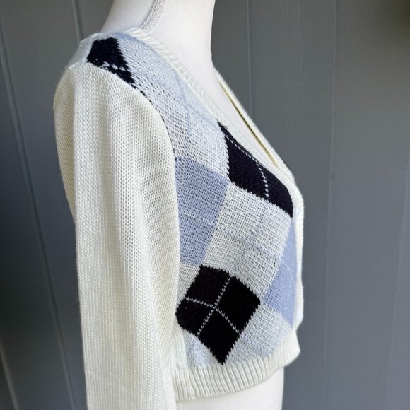 Full Tilt Long Sleeve Argyle Cardigan Cream, Light Blue and Dark Blue - Size M - Picture 6 of 7